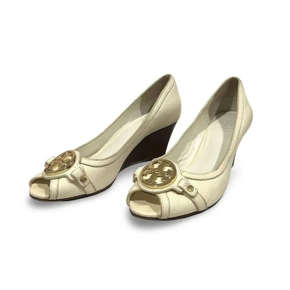 Tory Burch Leticia Peep Toe Wedge Heels Shoes Size 7.5 Ivory White Leather